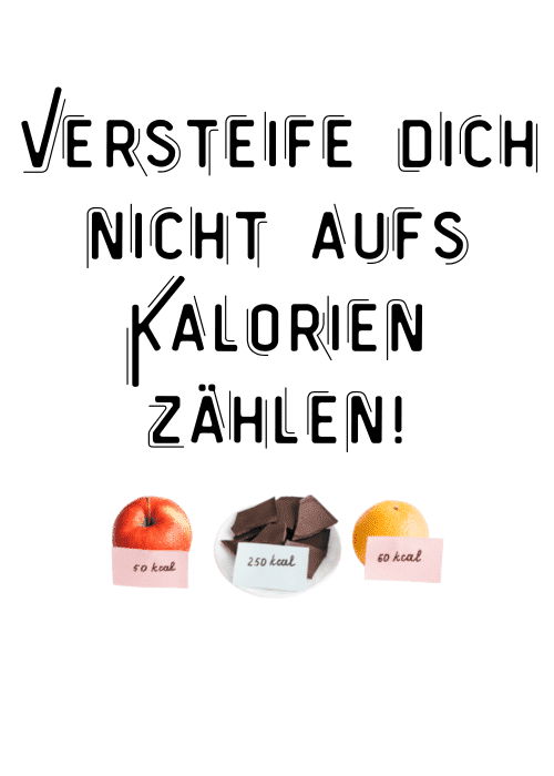 Abnehmen ohne Sport und Hunger funktioniert mit einer klugen Lebensmittelauswahl: Apfel, Schokolade und Orange mit Kalorienangaben.