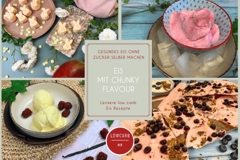 4 Bilder von Eis mit Chunky Flavour ohne Zucker: Eispralinen, Softeis, Vanilleeis und Frozen Yoghurt Bites