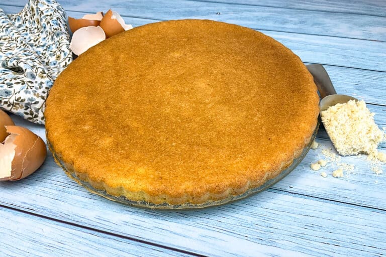 Fertig gebackener low carb Biskuitboden ohne Zucker auf einem Kuchenteller