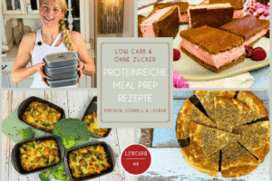 Meal Prep Rezepte proteinreich mit Bildern von Biene mit Meal Prep Dosen, Himbeer Milchschnitte, low carb Fladenbrot und Lachs Brokkoli Auflauf in Meal Prep Dosen