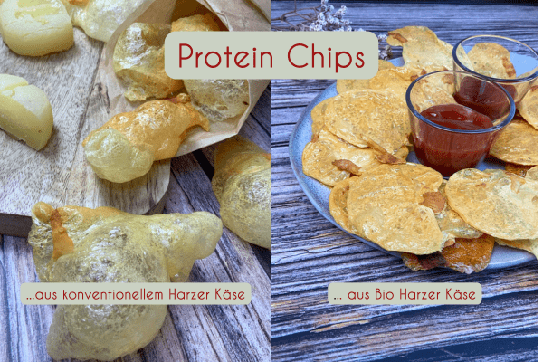 Links: Aufgeploppte Protein Chips aus konventionellem Harzer Käse. Rechts: Flache Käse Chips aus Harzer Käse in Bio Qualität.