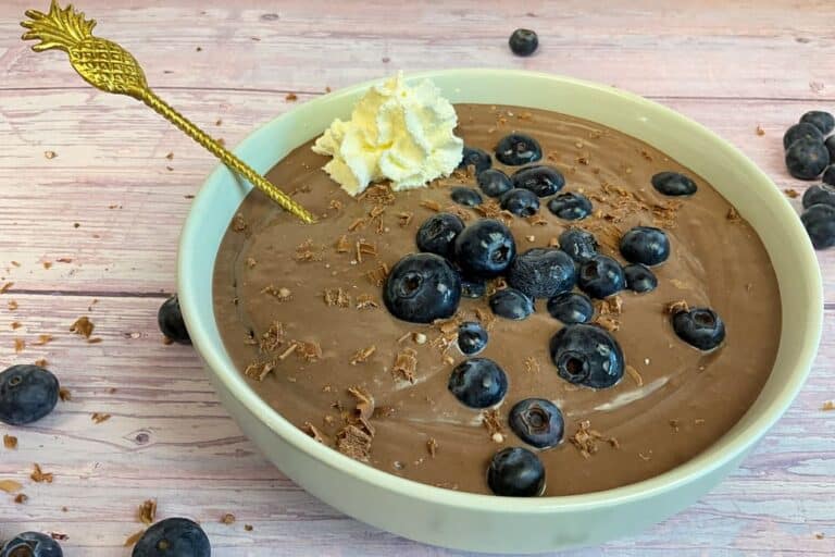 Schokoladen Protein Pudding vegan und zuckerfrei in einer Schale mit Heidelbeeren und Schokoraspeln