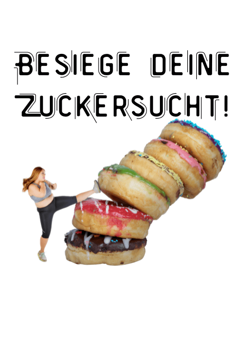 Frau, die einen riesigen Stapel Donuts mit ihrem Bein wegkickt, als Symbol, dass sie ihre Zuckersucht bekämpft.